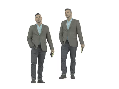Two Men Wearing Gray Suits And Light Blue Shirts Holding Mobile Phones Standing 3d model