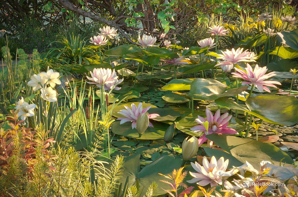 Vibrant Aquatic Plants Featuring Colorful Water Lilies And Green Lily Pads In Lush Natural Pond 3d model 