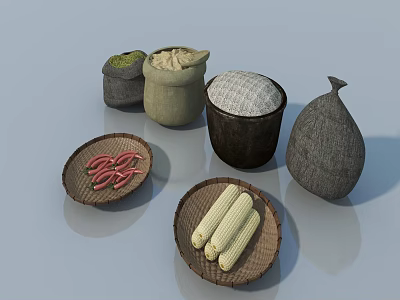 Traditional Grain Storage Containers Sacks Baskets With Corn And Rice 3d model