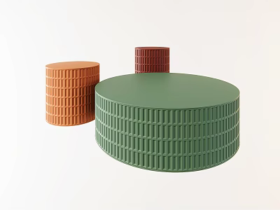 Three Cylindrical Coffee Tables With Striped Texture In Green Orange And Red 3d model