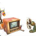 Vintage TV With Broken Screen Green Fan And Potted Plant With Colorful Flags