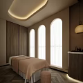 Modern SPA Sauna Room With Arched Windows Wooden Cabinets Beds And Circular Ceiling Light Strips