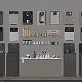 Assorted Coffee Machines And Kitchen Supplies On Wall Mounted Shelves With Cabinets