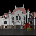 Historic Building Featuring White Exterior Pink Roof Spires Arched Windows Red Trees And Blue Sky 3d model