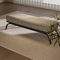 Stylish Checkered Fabric Bench With Black Metal Legs On Beige Rug Wooden Floor And Plant