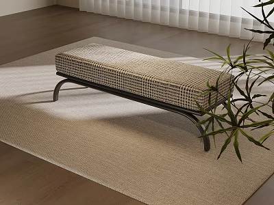 Stylish Checkered Fabric Bench With Black Metal Legs On Beige Rug Wooden Floor And Plant 3d model