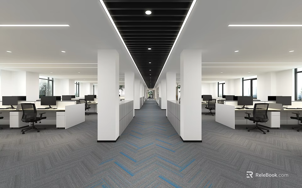 Spacious Modern Public Office Space Layout With Workstations Computers Columns And Herringbone Carpet 3d model