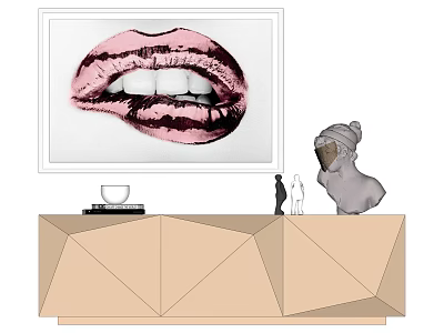 Stylish Interior With Pink Lips Artwork Geometric Cabinet Ice Cream Sculpture And Small Figures 3d model