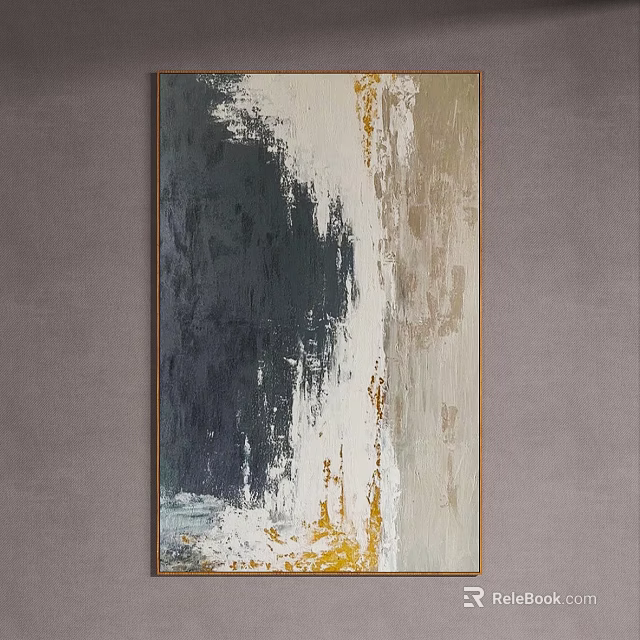Abstract Painting With Dark Blue White Gold Brush Strokes For Wall Decor 3d model 