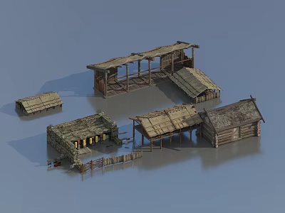 Traditional Rustic Wooden House Design With Multiple Huts Roofs Porch And Fence 3d model