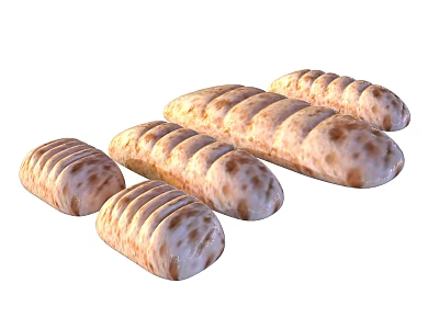Freshly Baked Long Loaf Bread With Browned Spots And Sliced Patterns On White Background 3d model