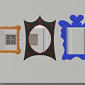 Three Decorative Mirrors With Orange Black Blue Frames On White Wall 3d model