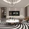 Modern Elegant Living Dining Room Interior Design With Round Ceiling Black Chandelier And Striped Rug