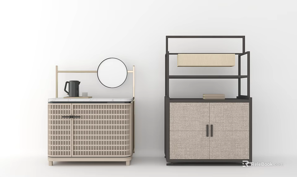 Stylish Wine Cabinets With Grid Patterned Doors Shelves And Decorative Mirror 3d model