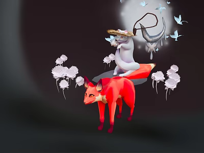 White Rabbit Wearing Straw Hat Riding Red Fox Among White Flowers And Flying Birds 3d model