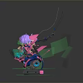 Biomechanical Character With Purple Hair Green Goggles Mechanical Antennas And Floating Green Cubes