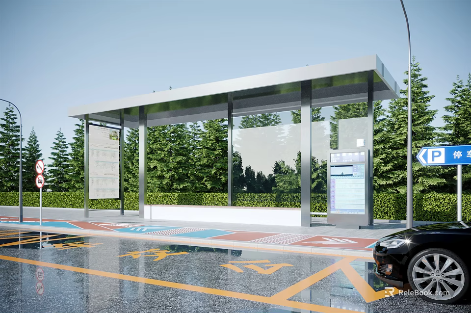 Modern Bus Stop Shelter With Green Trees Wet Ground Information Signs And Black Car 3d model 