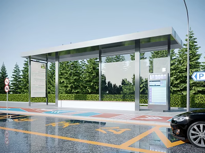 Modern Bus Stop Shelter With Green Trees Wet Ground Information Signs And Black Car 3d model
