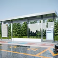 Modern Bus Stop Shelter With Green Trees Wet Ground Information Signs And Black Car