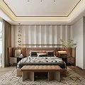 Modern Bedroom Interior With Wooden Bed Bench Closet And Patterned Rug