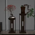 Wooden Plant Stands With Unique Design Displaying Potted Red Flowers Green Pine And Ceramic Vase