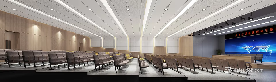 Modern Conference Room Interior With Rows Of Seats Ceiling Lighting And Sleek Walls 3d model 