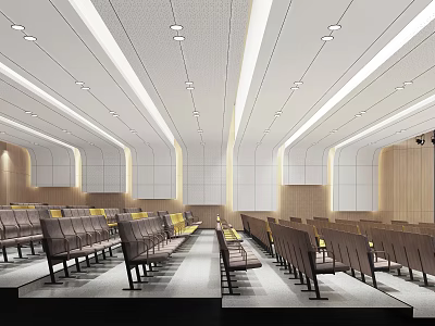 Modern Conference Room Interior With Rows Of Seats Ceiling Lighting And Sleek Walls 3d model
