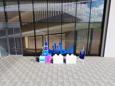 Check in Area With Counter Signage White Tables At Modern Building Entrance 3d model