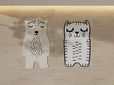 Cute Bear and Cat Shaped Rugs for Kids Room on Wooden Floor 3d model