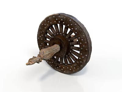 Realistic style ancient wheel wooden wheel metal rivet axle spoke carving decoration historical relics vehicle parts ancient traffic modern vehicle 3d model