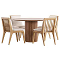 Wooden Round Dining Table Set with Fluted Base and Light Cushioned Chairs 3d model