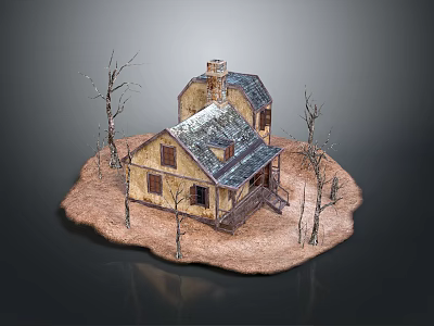 Yellow House Miniature Model With Silver Roof Chimney And Bare Trees 3d model