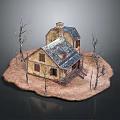 Yellow House Miniature Model With Silver Roof Chimney And Bare Trees