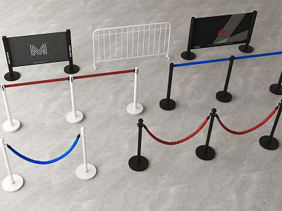Public Facility Crowd Control Barriers With Red Blue Ropes Metal Stanchions And Sign Boards 3d model