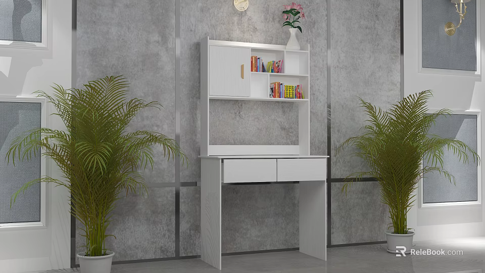 Modern White Bookshelf With Desk Colorful Books Vase Pink Flowers And Green Plants 3d model 