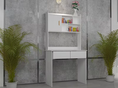 Modern White Bookshelf With Desk Colorful Books Vase Pink Flowers And Green Plants 3d model
