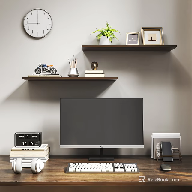 Modern Computer Workspace With Monitor Keyboard Wooden Shelves Green Plant Clock And Books 3d model 