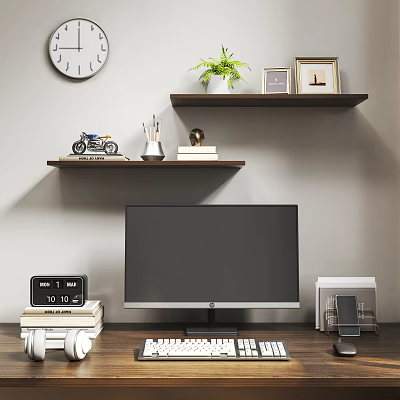 Modern Computer Workspace With Monitor Keyboard Wooden Shelves Green Plant Clock And Books 3d model