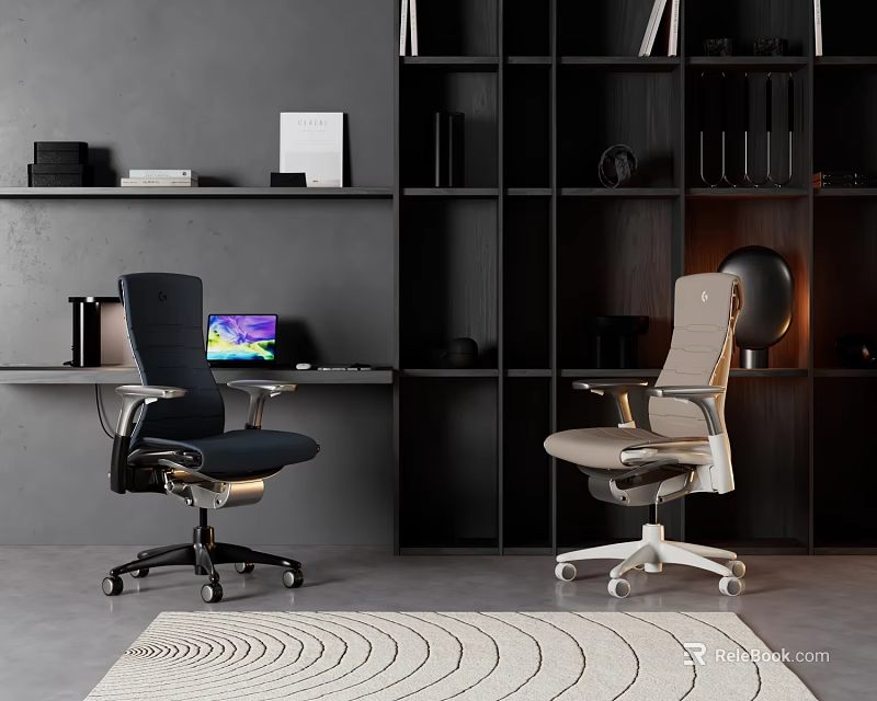 Stylish Ergonomic Office Chairs in Modern Workspace With Bookshelves Desk and Laptop 3d model 