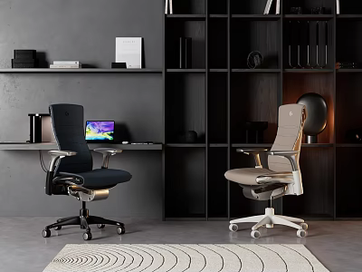 Stylish Ergonomic Office Chairs in Modern Workspace With Bookshelves Desk and Laptop 3d model