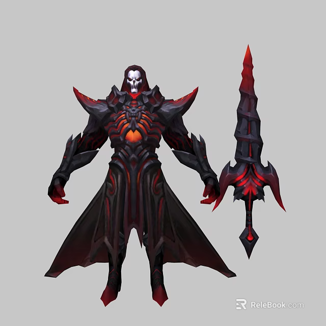 Dark Armored Game Movie Character With Skull Mask Red Glowing Chest Cloak And Giant Sword 3d model 