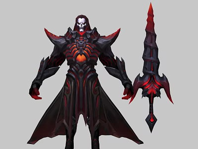 Dark Armored Game Movie Character With Skull Mask Red Glowing Chest Cloak And Giant Sword 3d model