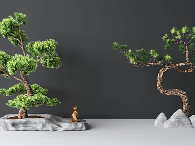 Bonsai Trees With Green Foliage Thick And Curved Trunks Stone Base And Small Figurine 3d model