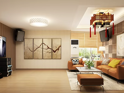 Modern Home Theater Interior Design With TV Speakers Sofa Coffee Table And Decorative Paintings 3d model