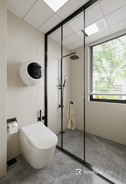 Modern Bathroom Interior With Beige Tiles Black Shower Fixture Glass Enclosure Venetian Blinds And Towel 3d model 