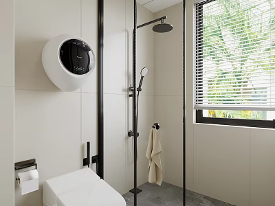 Modern Bathroom Interior With Beige Tiles Black Shower Fixture Glass Enclosure Venetian Blinds And Towel 3d model