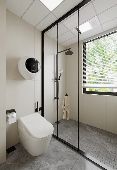 Modern Bathroom Interior With Beige Tiles Black Shower Fixture Glass Enclosure Venetian Blinds And Towel 3d model