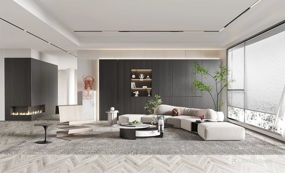 Modern Living Room Interior Design With Beige Sofa Coffee Table Green Plant And Bookshelf 3d model 