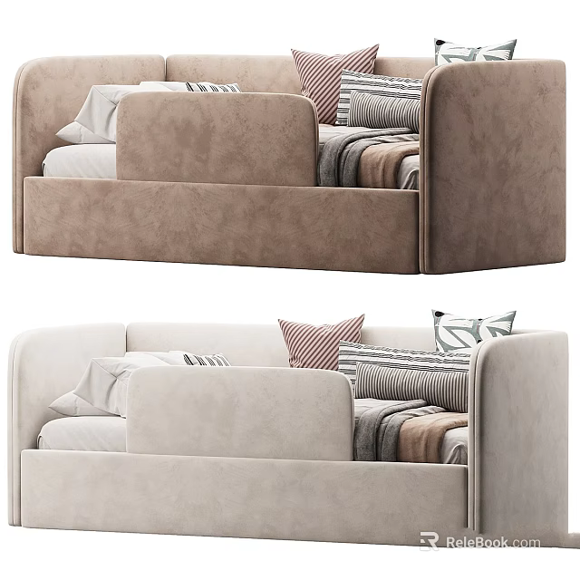 Two seater sofa in beige and brown with striped geometric pillows and folded blankets 3d model 