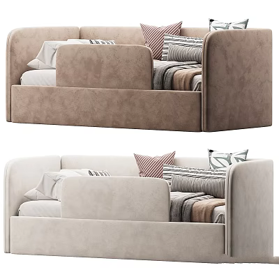 Two seater sofa in beige and brown with striped geometric pillows and folded blankets 3d model